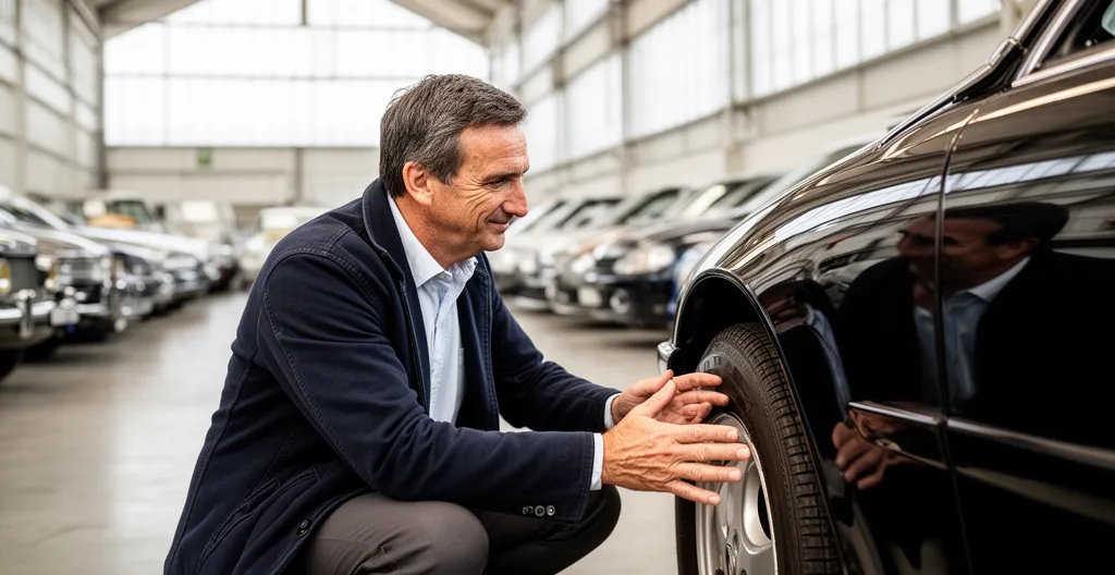 Acheteur examinant carrosserie voiture avant enchères automobiles