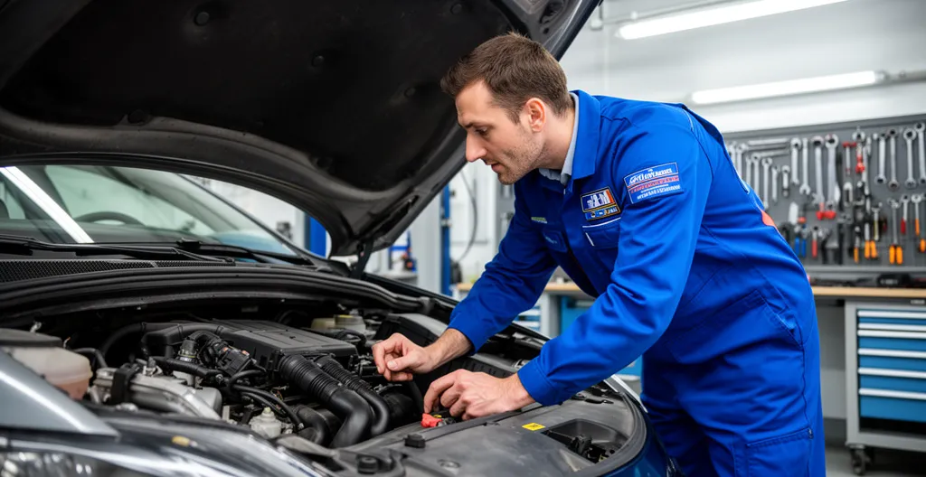Technicien vérifiant moteur véhicule occasion contrôle technique