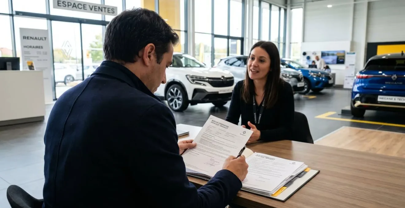 Un client vu de dos consulte attentivement un document de bon de commande dans une concession automobile moderne et lumineuse