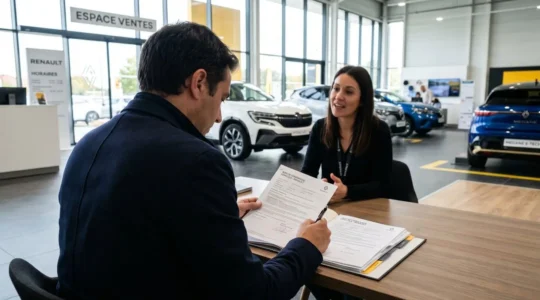 Un client vu de dos consulte attentivement un document de bon de commande dans une concession automobile moderne et lumineuse