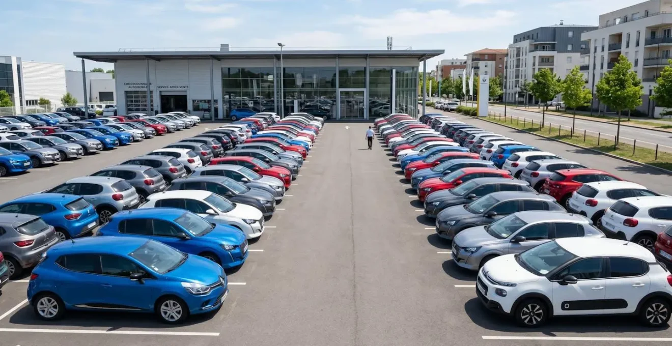 Vue large d'un parc de stockage automobile moderne avec plusieurs rangées de véhicules soigneusement alignés sous la lumière naturelle du jour