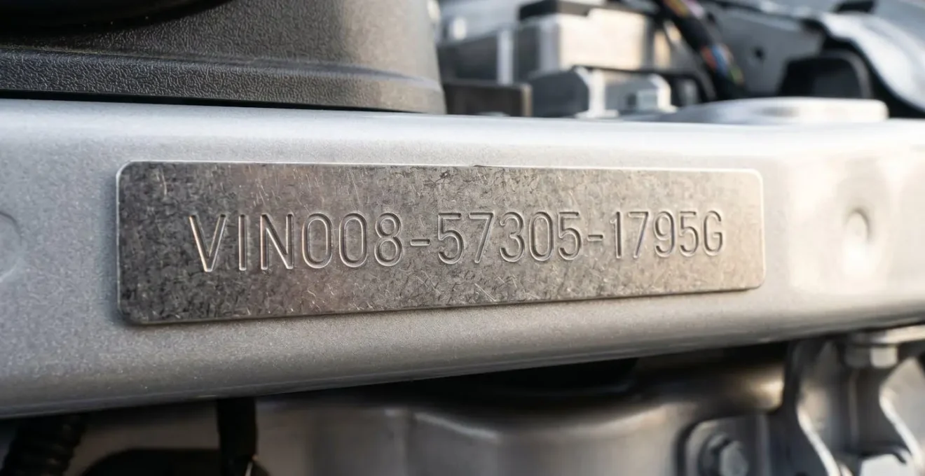 Gros plan macro sur la plaque constructeur métallique d'un véhicule montrant le numéro VIN gravé en relief avec un arrière-plan flouté