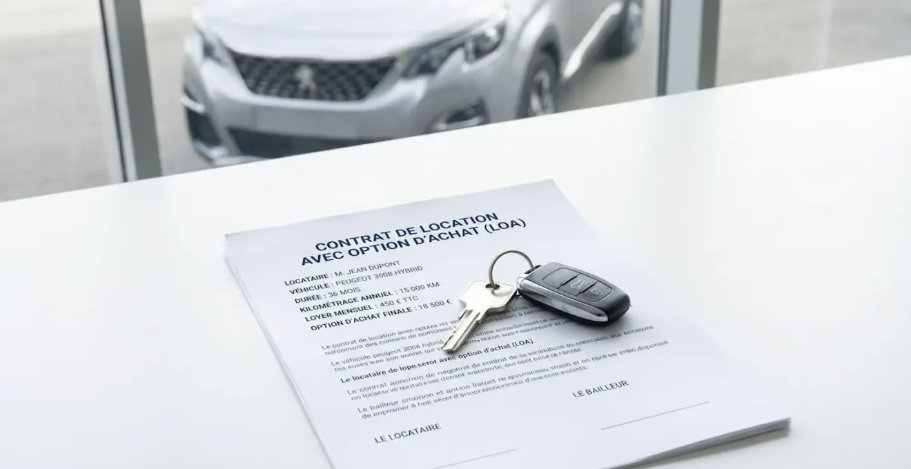 Clés de voiture modernes posées sur un contrat de location avec option d'achat, avec un véhicule récent légèrement flouté en arrière-plan, sur une surface claire et épurée