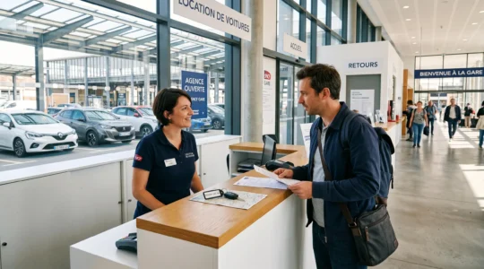 Comptoir d'accueil d'une agence de location de voitures à Nantes Gare Sud, un agent remet des clés à un client, véhicules récents visibles en arrière-plan à travers une baie vitrée
