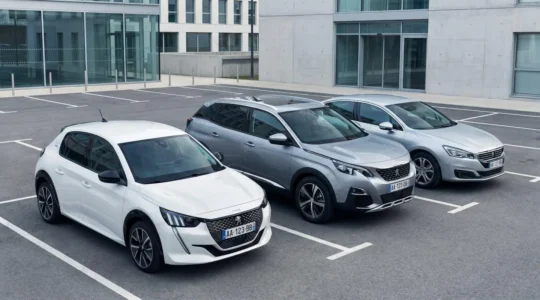 Parking d'agence de location avec trois catégories de véhicules alignés : citadine électrique au premier plan, SUV compact et berline en arrière-plan, dans un environnement extérieur organisé et lumineux