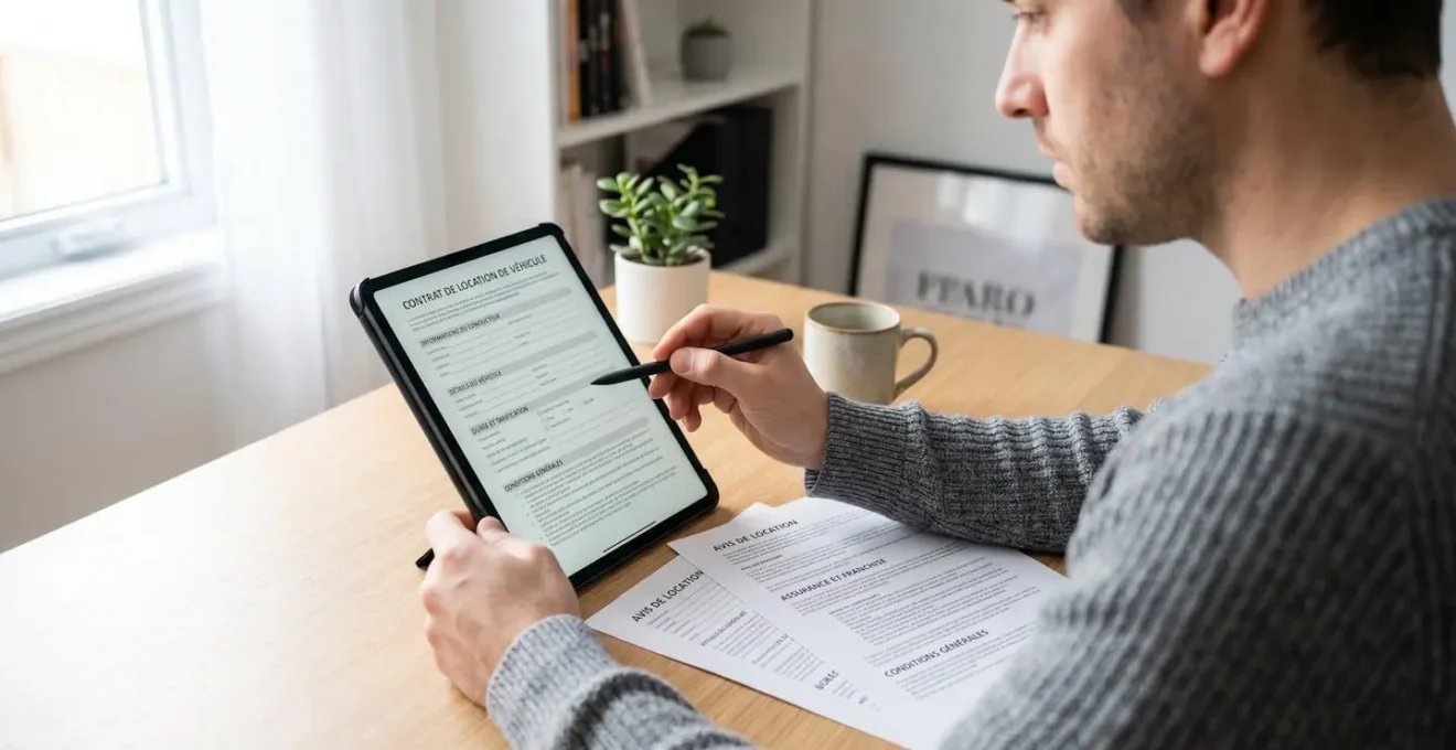 Personne consultant sur tablette numérique un contrat de location de voiture, avec des documents papier étalés sur un bureau moderne, dans une posture de comparaison attentive