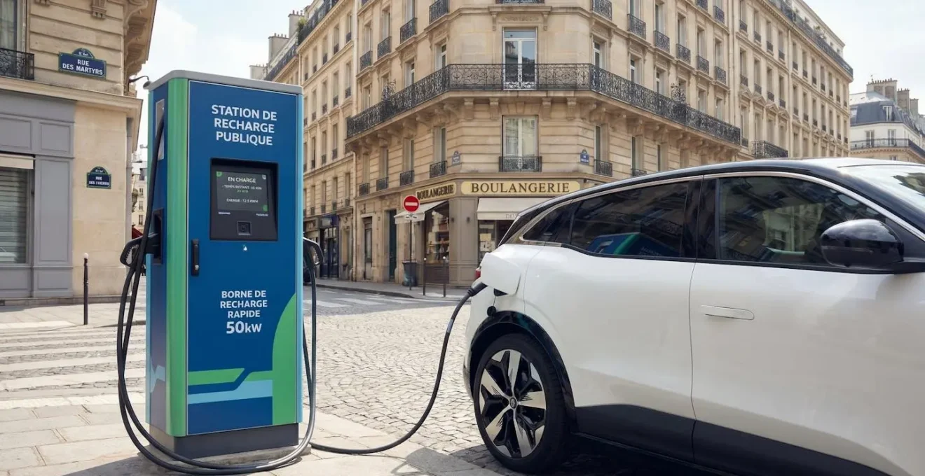 Véhicule électrique en cours de recharge à une borne publique dans un environnement urbain français, câble de charge connecté, architecture urbaine contemporaine en arrière-plan