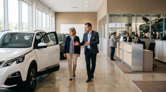 Un conseiller accompagne une cliente entre les véhicules d'un showroom de concession automobile à Nîmes.