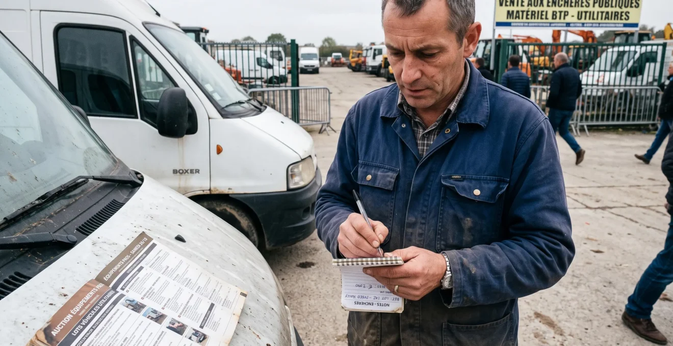 Professionnel notant son budget maximal sur un carnet à côté d'un catalogue de vente aux enchères de matériel d'occasion.