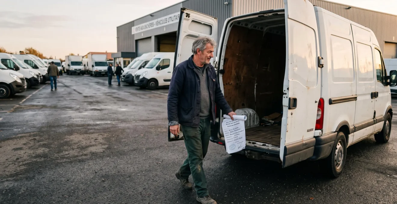 Acheteur inspectant un véhicule utilitaire d'occasion adjugé dans une cour de vente aux enchères.