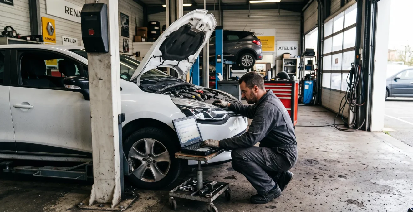 Un technicien inspecte le compartiment moteur d'une voiture sur un pont élévateur dans l'atelier d'une concession.