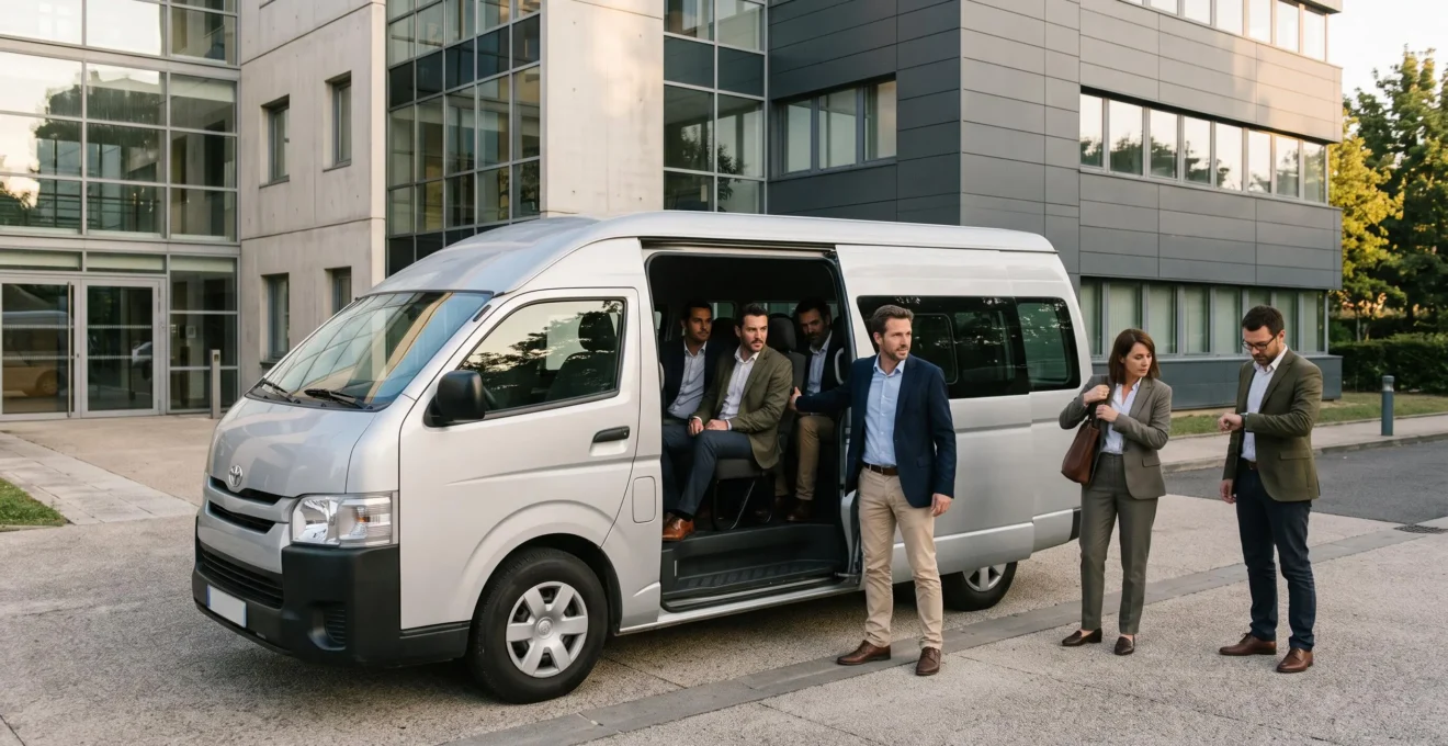 Un groupe de collègues monte à bord d'un minibus devant un immeuble de bureaux.
