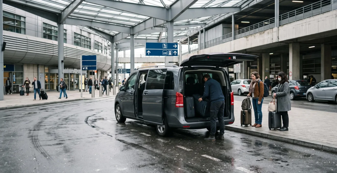 Un minibus neuf places garé devant un terminal d'aéroport pendant le chargement des bagages.
