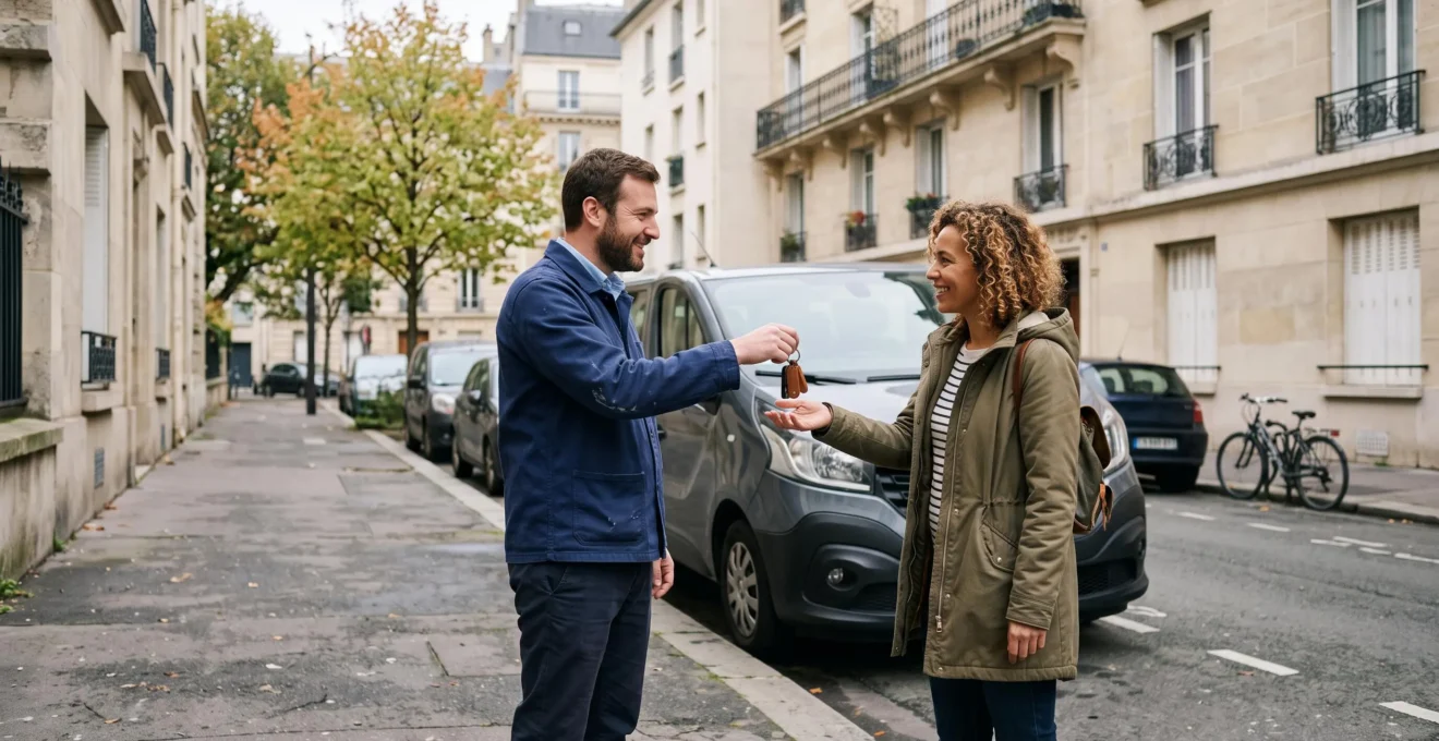 Un employé remet les clés d'un minibus à un client dans une rue de banlieue parisienne.