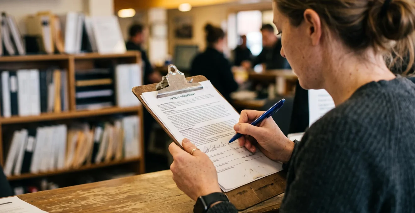 Une femme vérifie un contrat de location sur un presse-papiers au comptoir d'une agence.